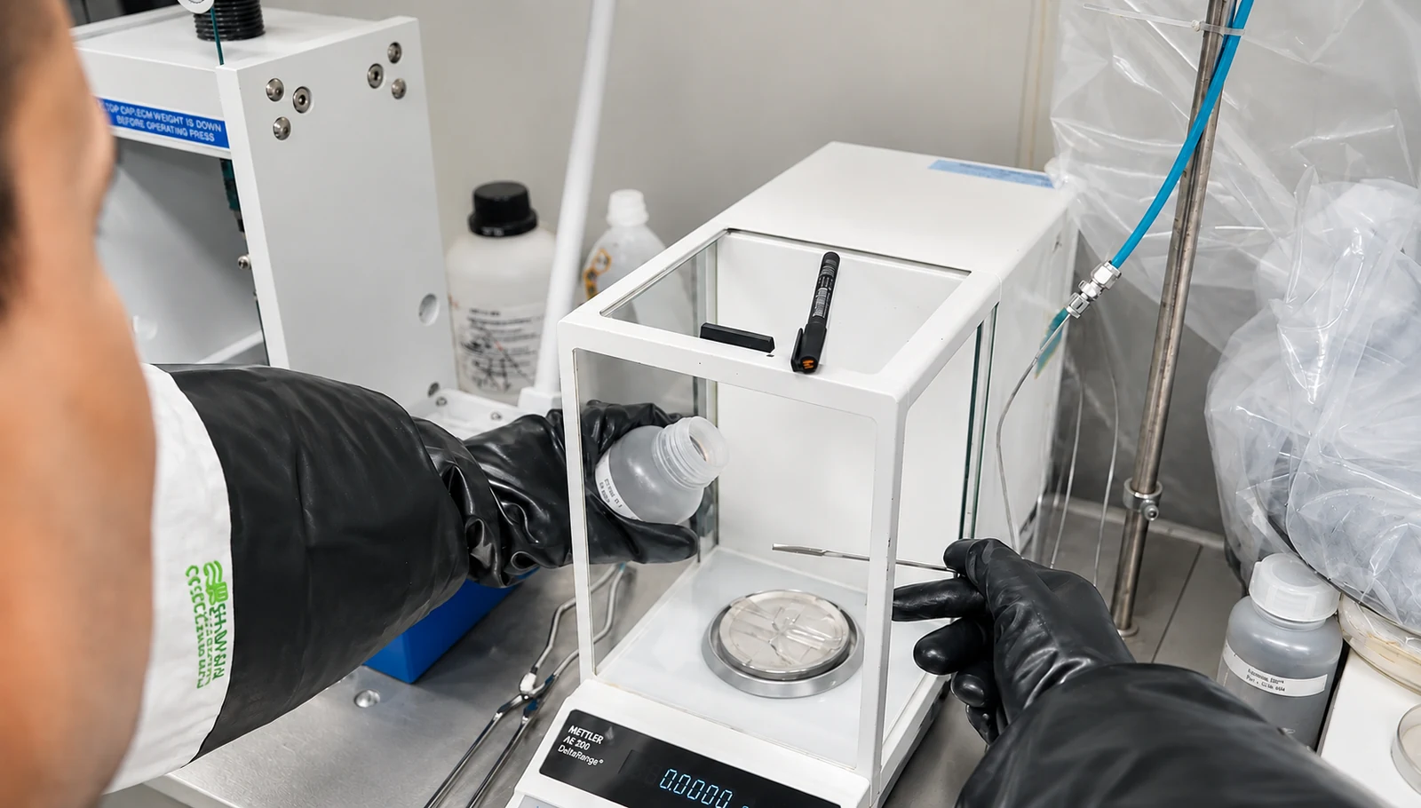 Supplied laboratory image showing careful handling of material at an analytical balance.