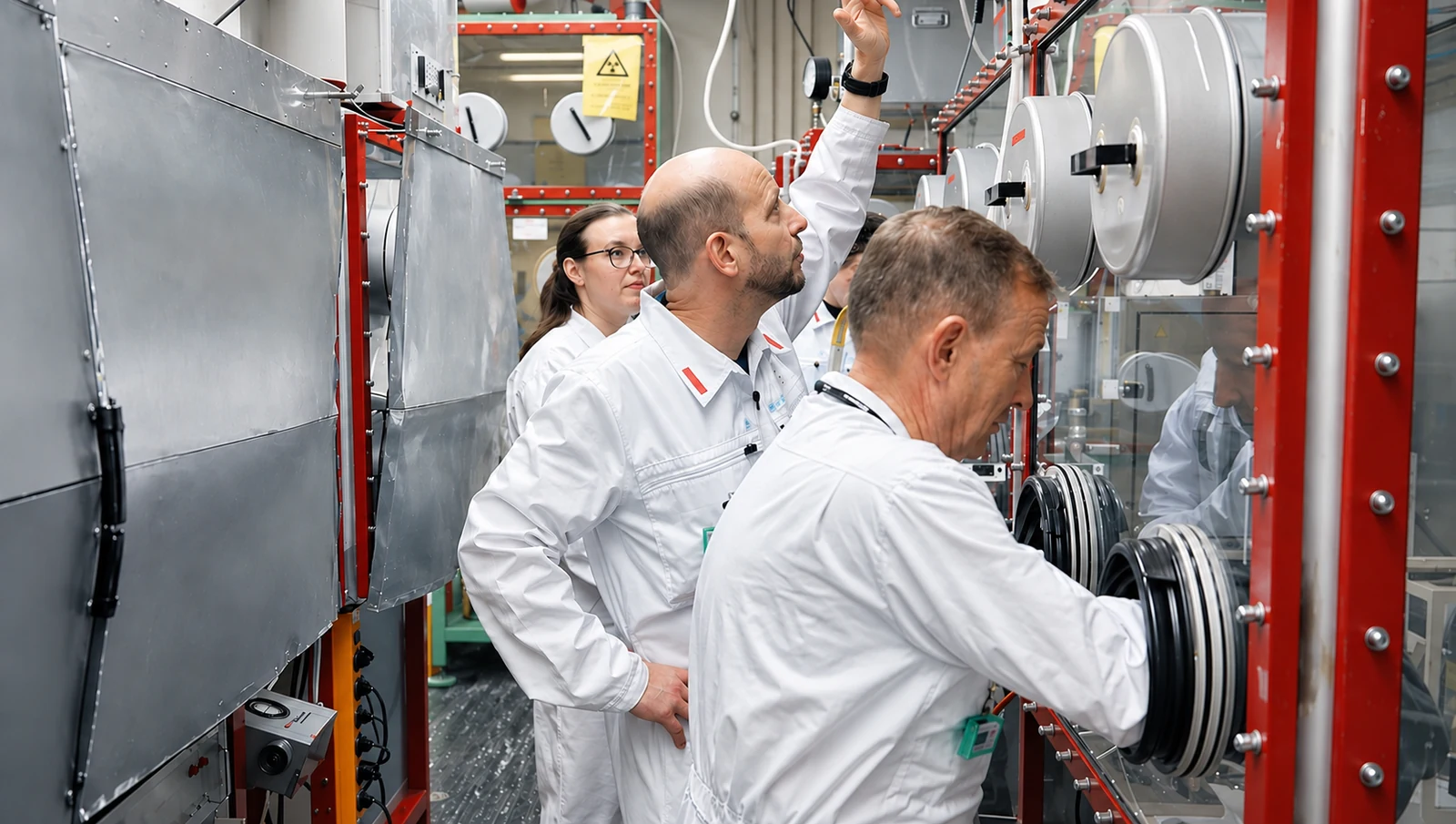 Colleagues working together at laboratory equipment.